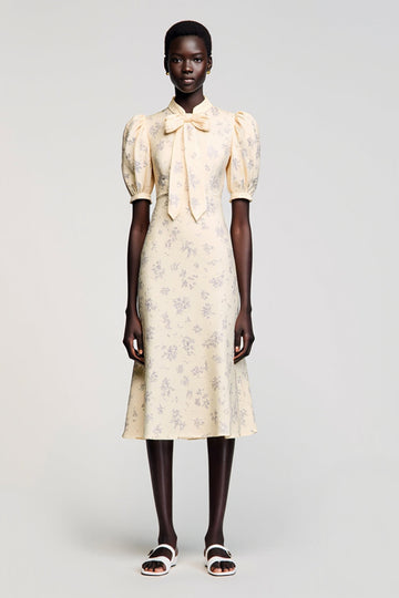 Ivory Floral Printed Midi Wedding Guest Dress with Sleeves